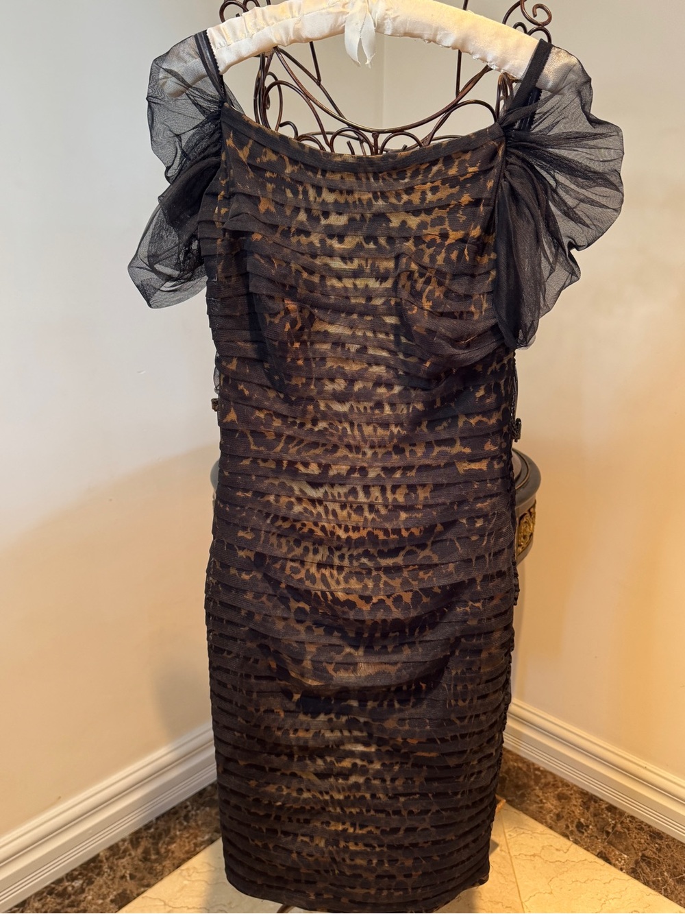 Tadashi Shoji Leopard Print Ruched Sheer Dress